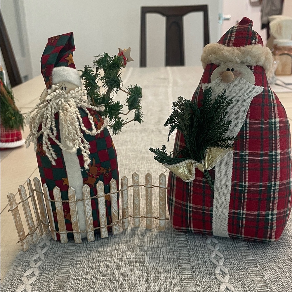 Hand Crafted Plaid Santa Duo with Greenery